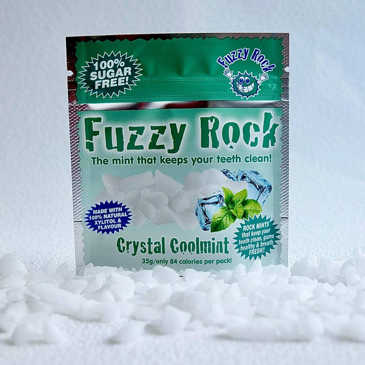 Fuzzy Rock Crystal Coolmint pack - 35g crunchy crystal mints, 100% sugar free, made with natural xylitol